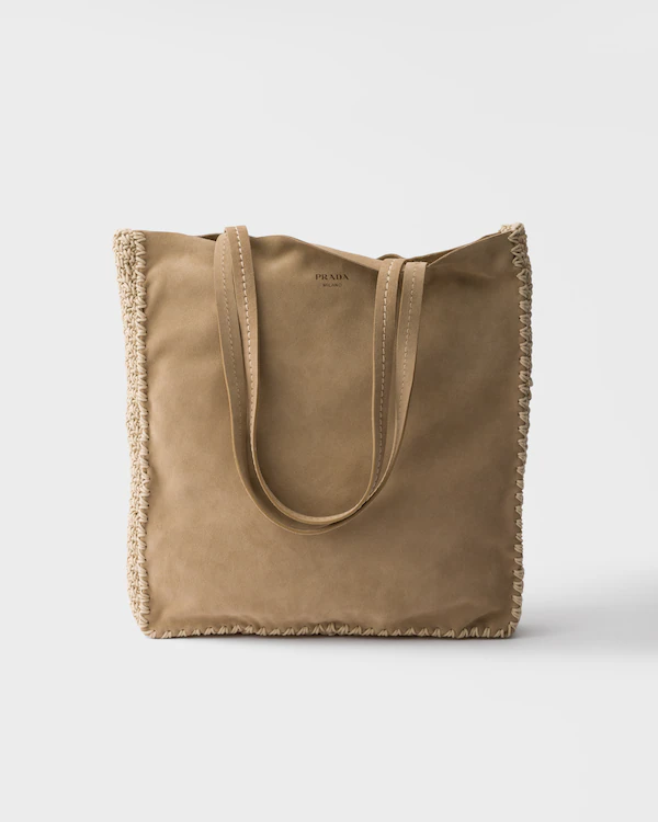 Large suede and crochet tote bag