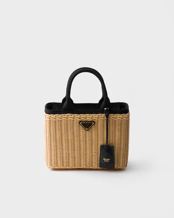 Medium wicker and canvas tote bag
