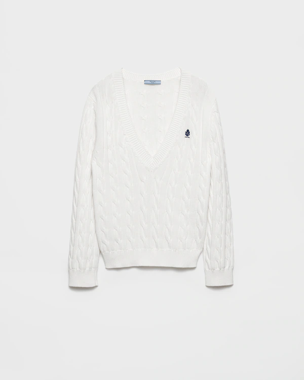Cable-knit V-neck cotton sweater