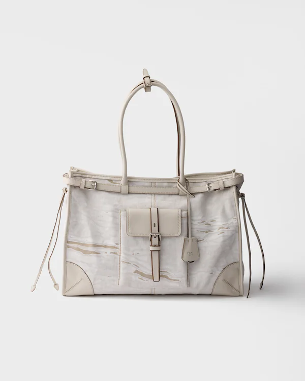 Prada Bonnie printed linen and leather tote bag